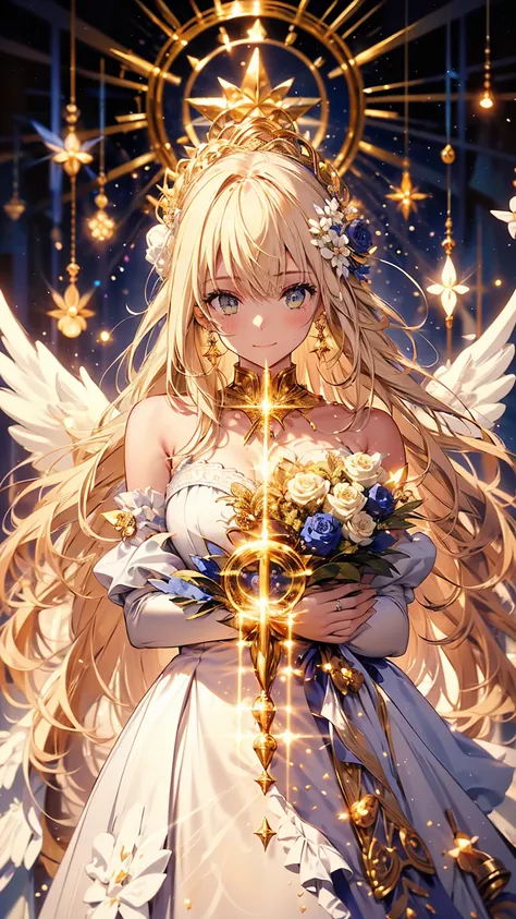 An angelic character with flowing blonde hair, Decorated with blue roses and gold.   She wears a delicate blue and white dress，Decorated with ruffles and ribbons. Her costume included a halo and huge white wings,  soft smile，Smile gently，Presenting celesti...