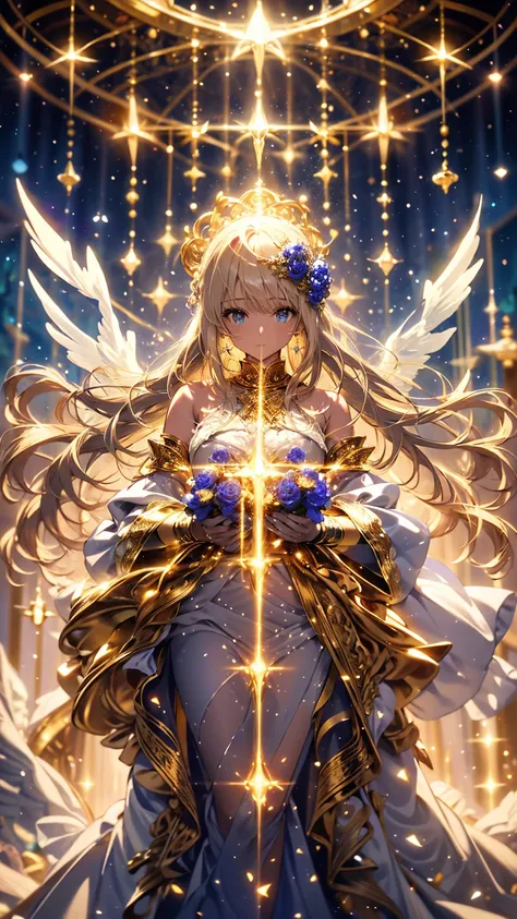 An angelic character with flowing blonde hair, Decorated with blue roses and gold.   She wears a delicate blue and white dress，Decorated with ruffles and ribbons. Her costume included a halo and huge white wings,  soft smile，Smile gently，Presenting celesti...