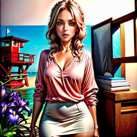 (1girl, 1person), (insanely detailed and intricate, hyperrealistic, photo), an (Pulchritudinous (scandinavian) (female in her Early thirties with a Inverted triangle body):1.3), (Sunlit Coral Casual, loose waves hairstyle), (Wearing Pencil skirt and silk b...