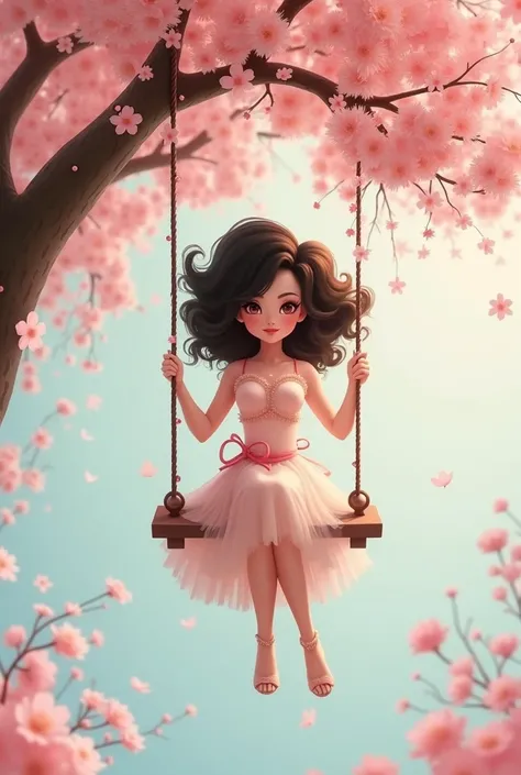 A big-haired woman with a coquette style sits on a swing on a cherry tree with kawaii features and may the tree appear 