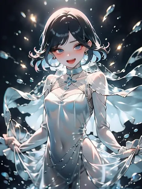 (Fluid Art),( Masterpiece」),(8k anime), High Quality ,(perfect anatomy),( small breasts),( 1 Beautiful Girl ),(Alone),(Silky white hair),Pale skin,smile, Blue Eyes with Beautiful Details , ( very detailed elegant),( see-through dress),((  Transparent Dress...