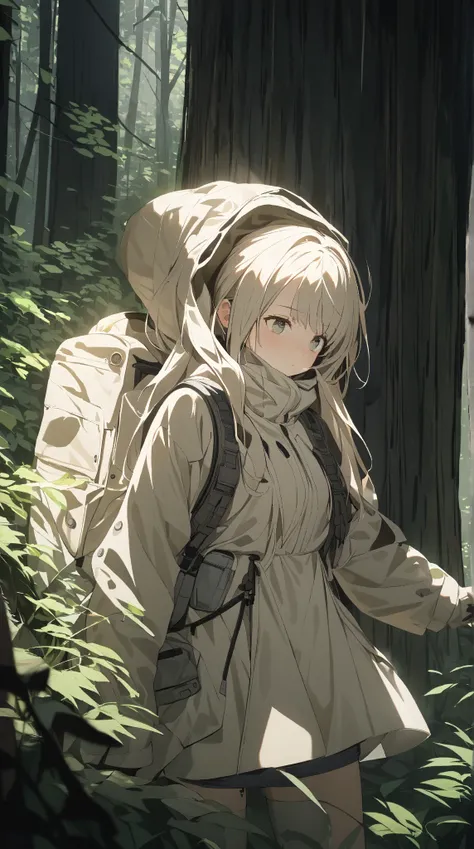 1 girl, ( cute face), (Calm expression),  long hair,  hair bundled style ,  tactical jacket,  short skirt,  Skin Like Pottery ,  medium breasts, break, In the forest,  SOFT LIGHT , ( Tense Light :1.3), Discreet atmosphere , break,  peeking through the tree...