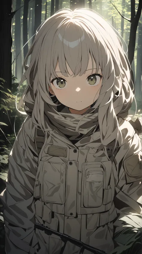 1 girl, ( cute face), (Calm expression),  long hair,  hair bundled style ,  tactical jacket,  short skirt,  Skin Like Pottery ,  medium breasts, break, In the forest,  SOFT LIGHT , ( Tense Light :1.3), Discreet atmosphere , break,  peeking through the tree...