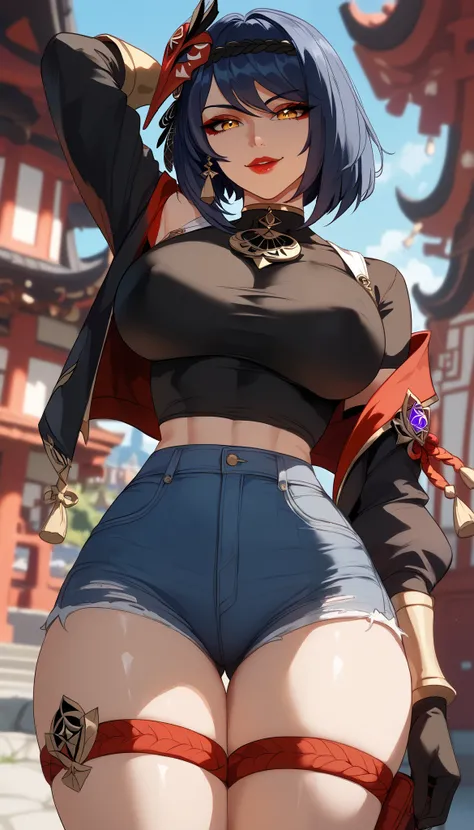  perfect eyes、 perfectly sexy face、ultra detailed、Kujou Sara、Genshin Impact、shiny hair、( Big breasts ), black shirt、black jacket、Tight Waist、thin waist、 dark blue denim shorts、 Thigh straps 、 shiny skin 、 tanned skin 、Beleza、erotic、Red Eyeliner、 red lips 、...