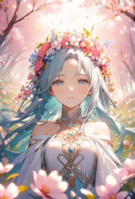 Upper body close-up（((masterpiece), on)""A woman wearing a floral crown harmonizing with the beauty of a flower-filled meadow. She appears as a goddess surrounded by blossoms."