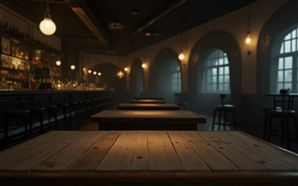 there is a counter table with a background of an empty bar full of tables and seats. Speakeasy background, clear background, background bar, center focus on counter, background, bar background, background image, warm lighting inside, on a counter, on a dar...