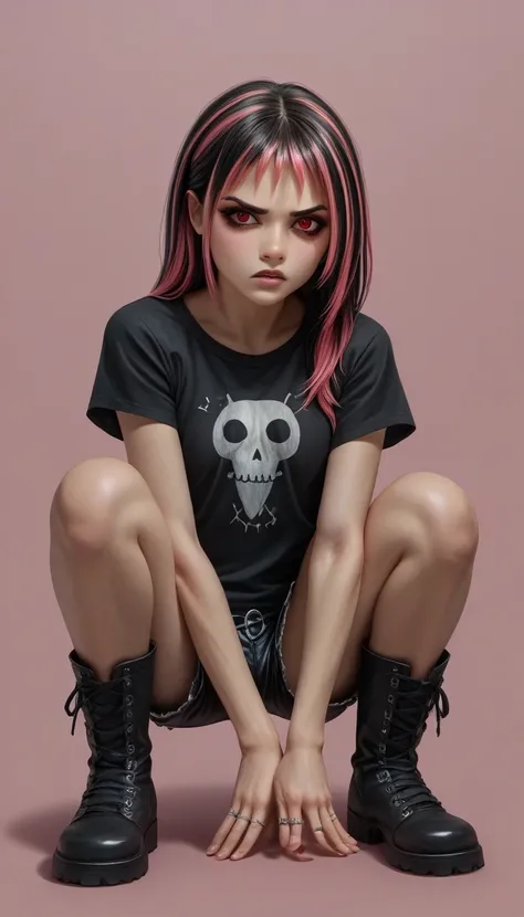  score_9,  score_8_up,  score_7_up, Alone,  RAW photo、Realistic、 best quality、masterpiece、B pink background. black and white,  Golden Striped Hair , super cute girl, red eyes. Squat,  Gothic Tee ,  Gothic Shorts ,  black boots, Tsundere sister, ring,  pink...