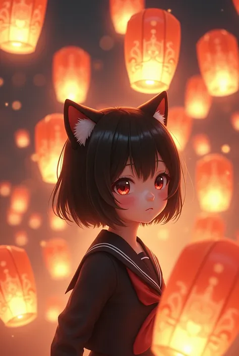 ((masterpiece,  最 High Quality ,    High Quality  ,  there is nothing, Realistic,   RAW photo,  Highly detailed CG synthesis 8K wallpaper)), Floating lanterns,  Girl in uniform,  short cut hair,Cat ears, cute