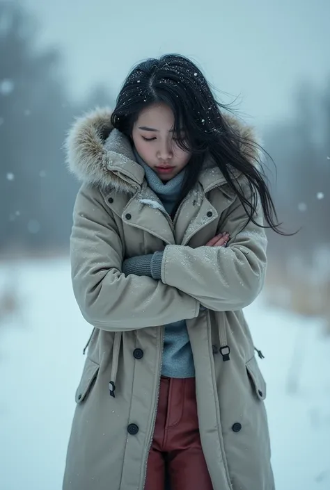 An Asian woman who feels cold because she doesnt wear anything on her lower body