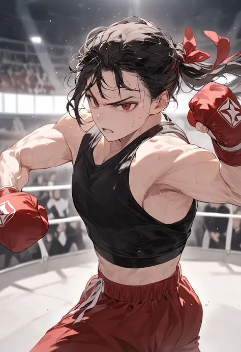 (masterpiece,  Top Quality , Very aesthetic , 4K、illustration),  Fine Details , 1 woman,Alone,Contrast ,  shining eyes , (Martial artist ), A mature 25 year old,  beautiful face ,  wearing a bandage on his hand during boxing,  clenches fist , anger,  dark ...