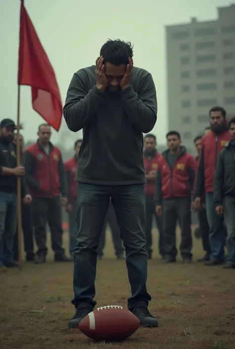 man crying infront of  football and some people watching that incident stand with flag 🧭 logo
