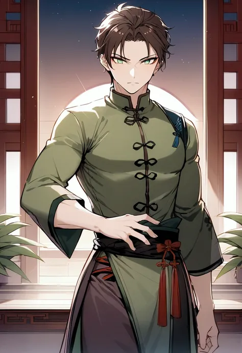 (( best quality )), (detailed),  brown-haired Chinese man martial artist, Green Eyes and Green Clothes 