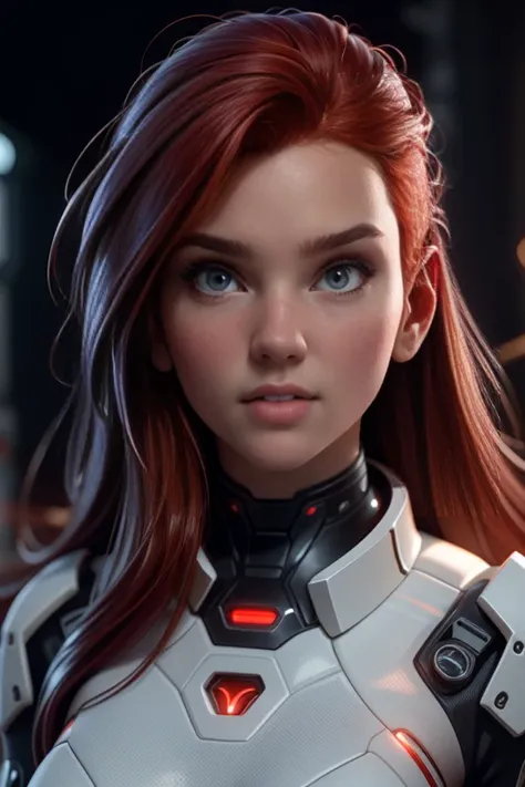 Young red-haired semi-cyborg woman, nice face, detailed eyes, Futuristic space suit,  science fiction , dystopian,  Natural lighting,  ultra resolution ,  plain white background , without patterns, No textures.