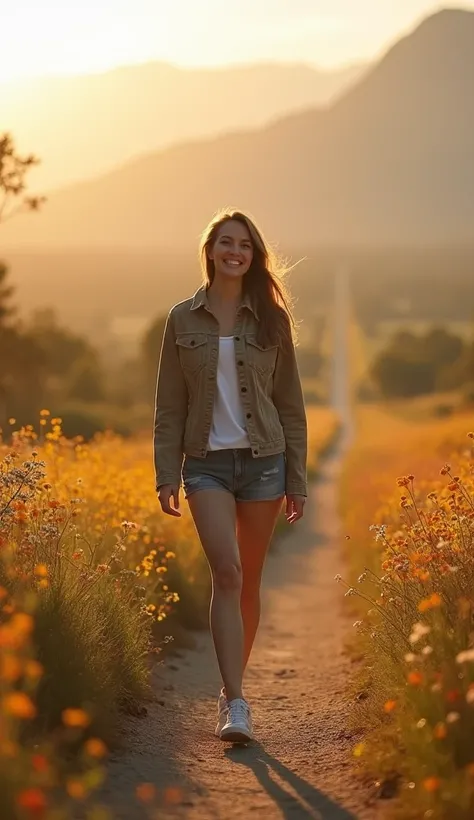 The person walks confidently along the illuminated path, now with a calm smile on their face. The surrounding scenery is serene, with the morning light shining down on her. The surrounding countryside is vast, with flowers blooming at your pace, symbolizin...