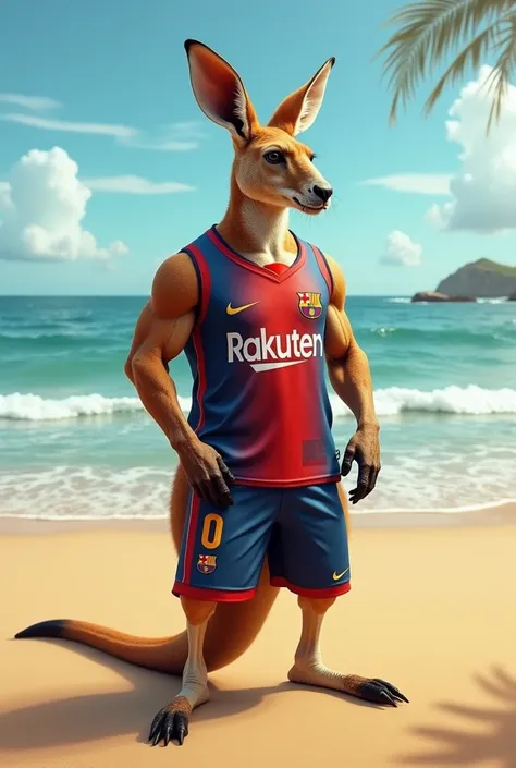 Muscular KANGAROO wearing Messis shirt standing on the beach watching the horizon in style