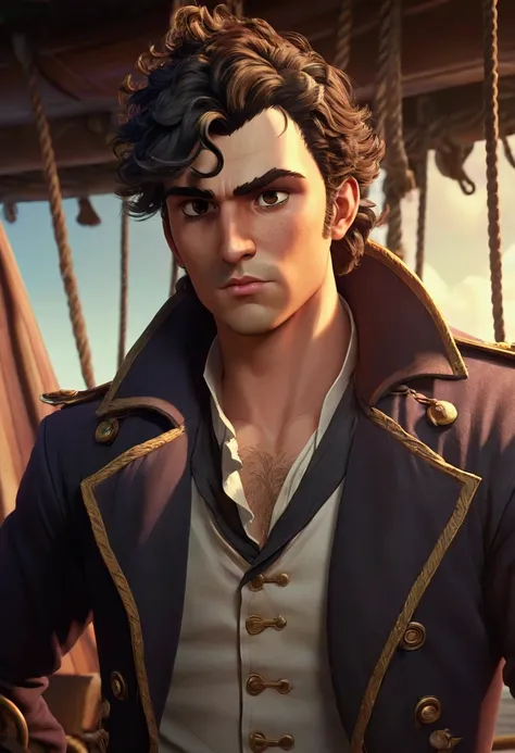 An animated poster of a young sailor, male, wearing a pirates coat, stocky, athletic physique, deep brown eyes, bulbous nose, full lips, brown-black hair, curly quiff, thick bushy eyebrows, extremely hairy chest, hairy stomach, and hairy arms, standing on ...