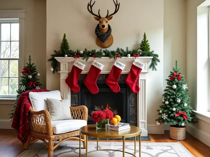 The image shows a living room decorated for Christmas. The focal point of the image is a fireplace with a mantel decorated with red and green stockings hanging from it. Above the mantel, there is a reindeer head with antlers and a black and white striped s...