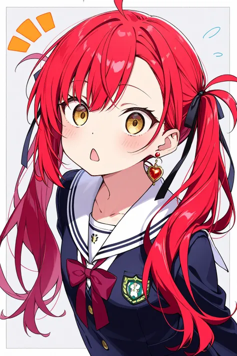 High image quality
 Female High School、 golden eyes、 red hair、 twin tail hair、 asymmetrical bangs ,   Katyusha、front、 school uniform、 dazed state 、Simple eyes、solo, whole body、Background white、Standing、Earrings、square mouth 、Brat、Slanted Eyes