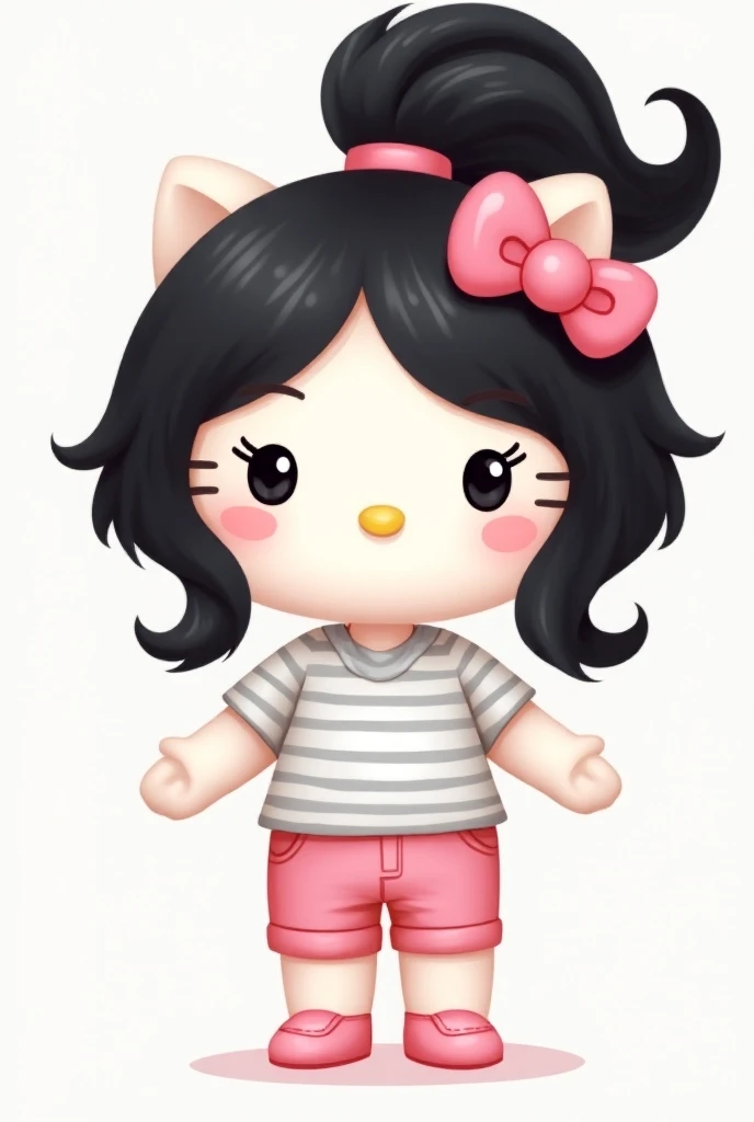 Hello kitty (normal style ) with long wavy black hair tied up with a tail, white and gray striped shirt and light pink pants