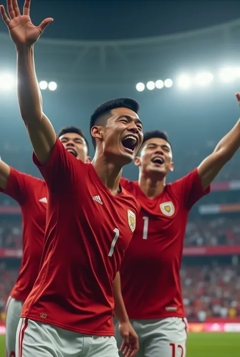 Indonesian national team soccer players celebrating the winning goal