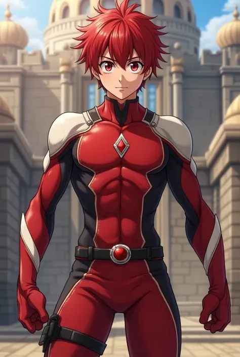   My Hero Academia Style  , Anime Boy, male, young male ,  full body shot ,(Combat Stance:1.3), short hair, Red Hair,   Brown Eyes  ,  small red jewel in the center of the chest , hero suit, Full Body Suit, Red suit with white and black details, perfect an...