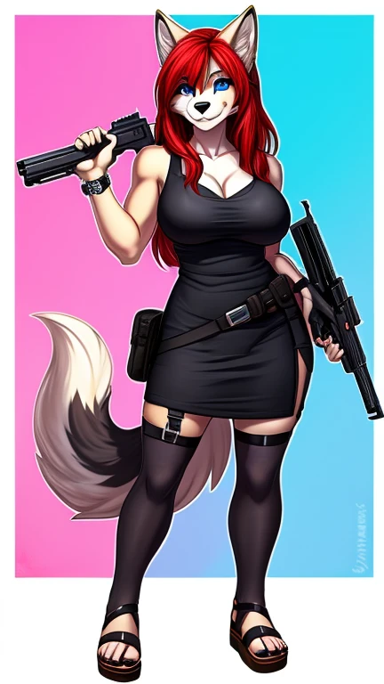 a woman in a dress holding a gun, long hair, breasts, smile, blue eyes, large breasts, red eyes, animal ears, hair between eyes, bare shoulders, standing, tail, full body, weapon, red hair, sleeveless, holding weapon, black dress, thigh strap, sleeveless d...