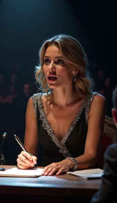 A young, beautiful female judge sits at a grand judges table on a talent show stage, her expression showing utter shock and surprise. Dressed in an elegant black gown with intricate silver details, she leans slightly forward, eyes wide and mouth slightly o...