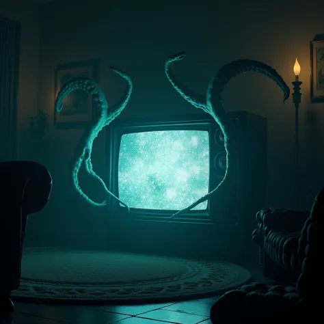 TV with static , Plano frontal. horror,  supernatural , very epic and extravagant scene, Horrific , spectral, Lots of tentacles coming out of the screen, Room 1990