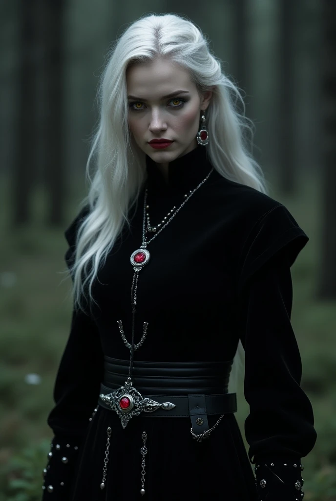  Astrid is a Nordic vampire with an imposing and ethereal presence .  She looks about 30 years old Her hair is long ,  platinum blonde with silver highlights , slightly wavy,  shining softly as if touched by moonlight . your skin is pale, with a subtle glo...