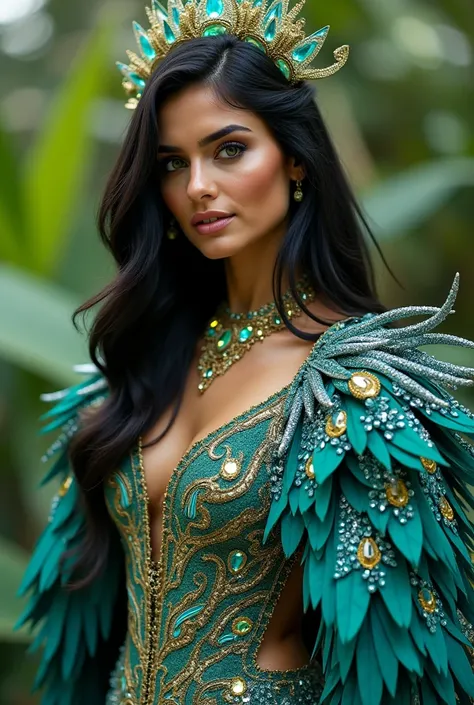  Typical costume for Miss Universe inspired by the quetzal with fantasy diamonds that shines a lot,  bath, in pants ,  worn by a beautiful woman with black hair and green eyes 