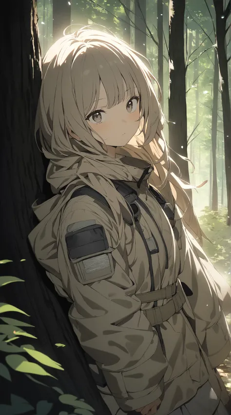 1 girl, ( cute face), (Calm expression),  long hair,  hair bundled style ,  tactical jacket,  short skirt,  Skin Like Pottery ,  medium breasts, break, In the forest,  SOFT LIGHT , ( Tense Light :1.3), Discreet atmosphere , break,  peeking through the tree...