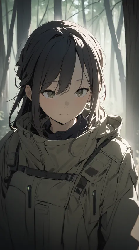 1 girl, ( cute face), (Calm expression),  long hair,  hair bundled style ,  tactical jacket,  short skirt,  Skin Like Pottery ,  medium breasts, break, In the forest,  SOFT LIGHT , ( Tense Light :1.3), Discreet atmosphere , break,  peeking through the tree...