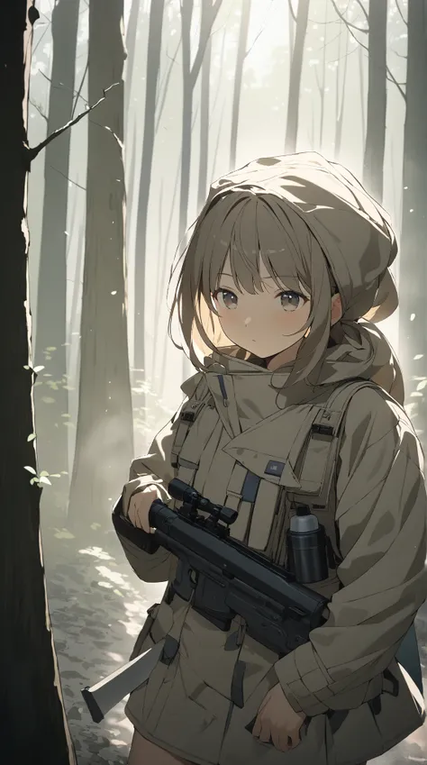 1 girl, ( cute face), (Calm expression),  long hair,  hair bundled style ,  tactical jacket,  short skirt,  Skin Like Pottery ,  medium breasts, break, In the forest,  SOFT LIGHT , ( Tense Light :1.3), Discreet atmosphere , break,  peeking through the tree...