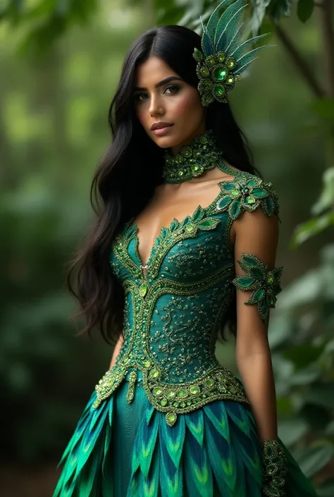  Typical costume for Miss Universe inspired by the quetzal with fantasy diamonds that shines a lot,  bath, in pants ,  worn by a beautiful woman with black hair and green eyes 