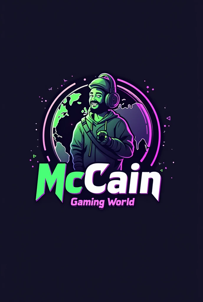 A gamer and streamer named McCain and streams. For this I need a name logo without a person in purple and green with a globe as a symbol for the Internet and a microphone. Die McCain Gaming World.
