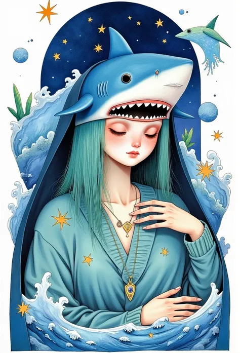    young woman ,     closed eyes  ,  ocean вокруг  ,  On her head she wears a mask - a sharks head with an open mouth and from the sharks mouth you can see the beautiful face of a girl,   lots of sea waves around  ,  jewelry  , ocean,    long hair , Compos...