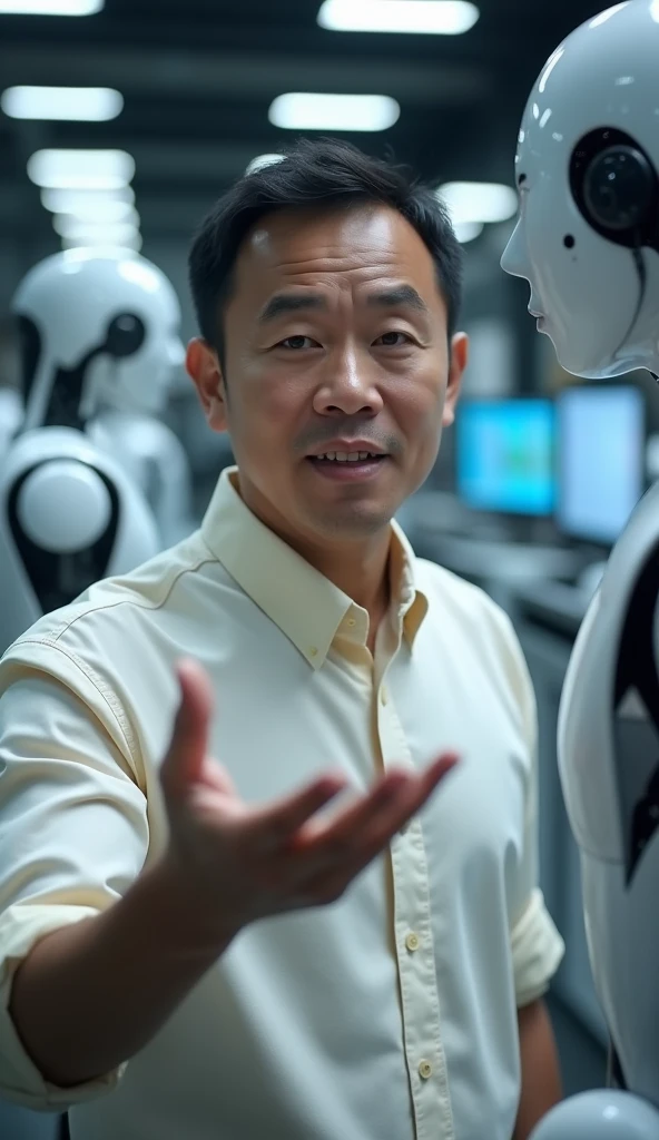 A realistic image of a Malay man facing directly forward with a neutral expression, his hand raised and palm open as if he is asking a question or seeking clarification. He is in a robotics lab, with advanced robots, screens, and tools visible in the backg...