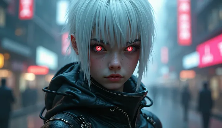 Teenager, white hair, bionic eyes, cyberpunk clothes, cyberpunk themed, menacing look