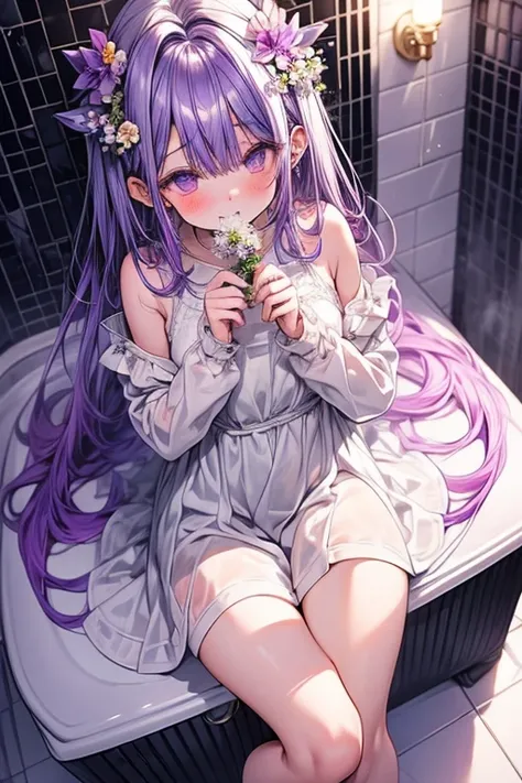 NSFW、 1 beautiful girl with pieces 、clear、The age is 16、In a dress、Purple long hair、Flower Hair Ornaments、pubic hair、（Peeing in the toilet）、 shy 、masterpiece、 best quality、（ uncensored）、 legs spread out