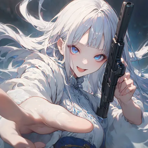  1 girl, Alone,  Hi-Res, smile,  open your mouth ,  shortcut,  very long hair,  blurred background ,  Hi-Res, masterpiece,  anatomically correct,  textured skin, Hold the shotgun、Pointing a gun at the viewer、 full body、