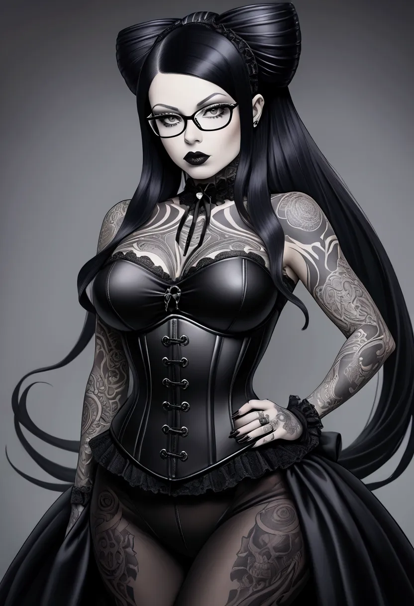 Hr giger tattooed woman with long necroplasma hair and glasses posing in a corset, hr giger tattooed goth pinup, inked, corset, very tight corset, vests and corsets, see through corset, transparent corset, tattooed, inked and colored, lace lingerie, hr gig...