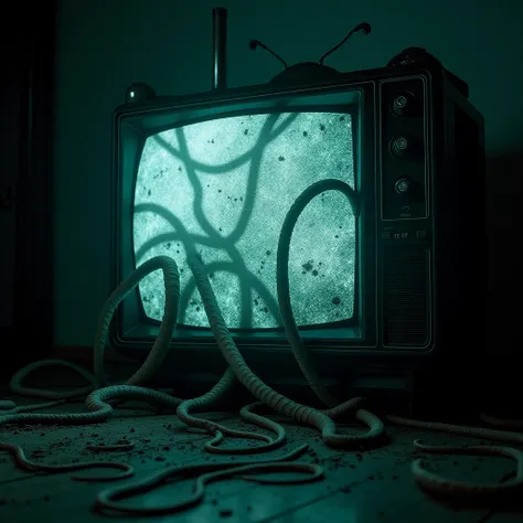 TV with static , Plano frontal. horror,  supernatural , very epic and extravagant scene, Horrific , Lots of tentacles coming out of the screen, Room 1990