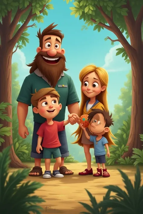 family ren see a movie cartoon style