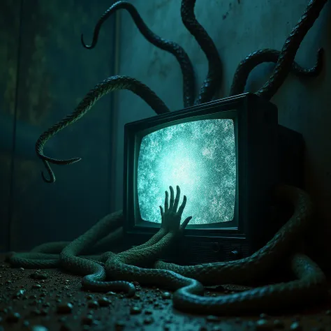 TV with static , Plano frontal. horror,  supernatural , very epic and extravagant scene, Horrific , Lots of tentacles coming out of the screen, Room 1990