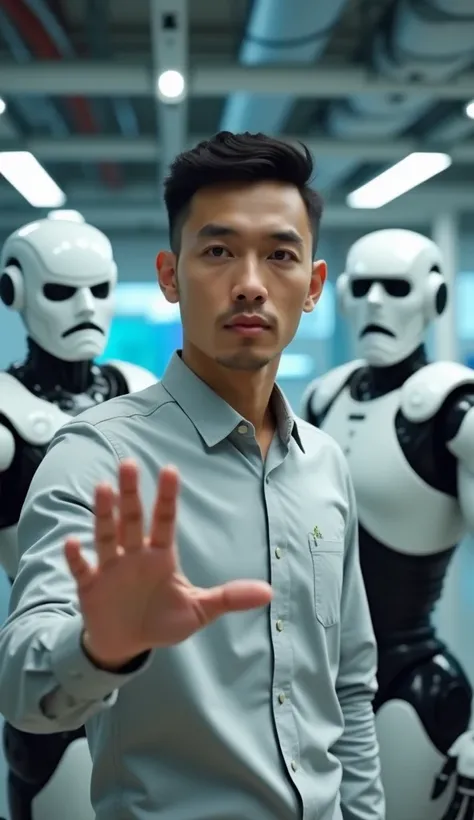 A realistic image of a Malay man facing camera with a neutral expression, his hand raised and palm open as if he is asking a question or seeking clarification. He is standing in a robotics lab with a few robots in the background, giving a high-tech and fut...