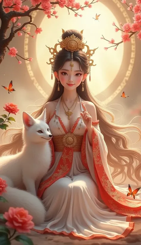 A stunning Chinese goddess sitting gracefully and looking directly at the viewer with a serene smile. Beside her, a mystical fox spirit with nine radiant white tails interacts playfully. The goddess has harmonious golden-ratio facial features, wide double ...