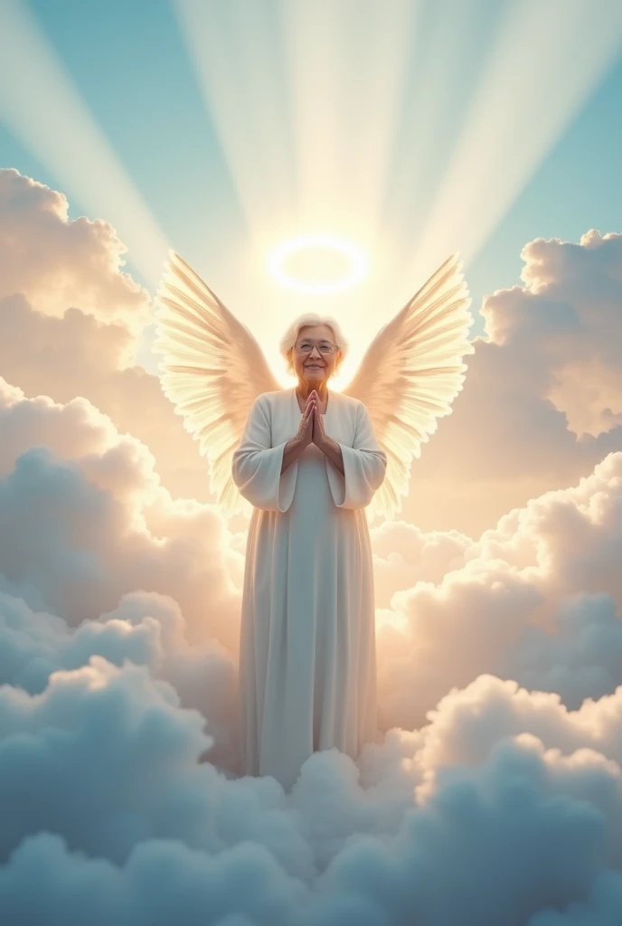 A serene, heavenly scene set among soft, fluffy clouds that form the ground. An elderly woman, now transformed into an angel, stands at the center, looking gently forward with her hands clasped together in a calm and peaceful expression. Her face reflects ...