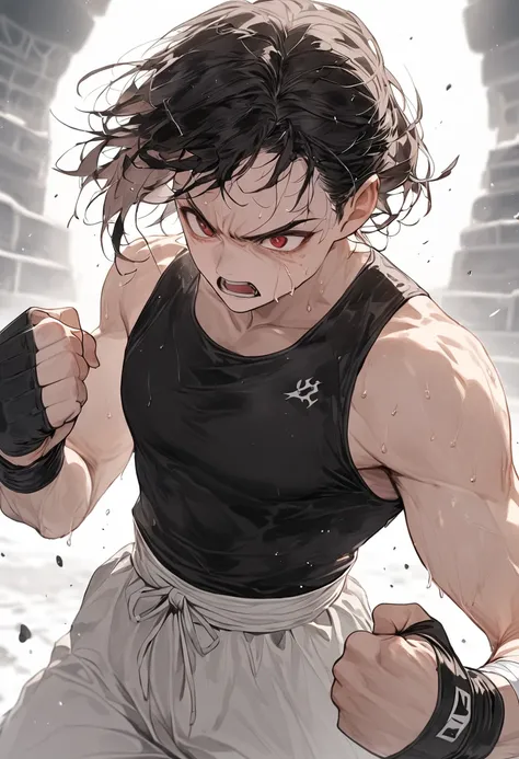 (masterpiece,  Top Quality , Very aesthetic , 4K、illustration),  Fine Details , 1 woman,Alone,Contrast ,  shining eyes , (Martial artist ), A mature 25 year old,  beautiful face ,  wearing a bandage on his hand during boxing,  clenches fist , anger,  dark ...