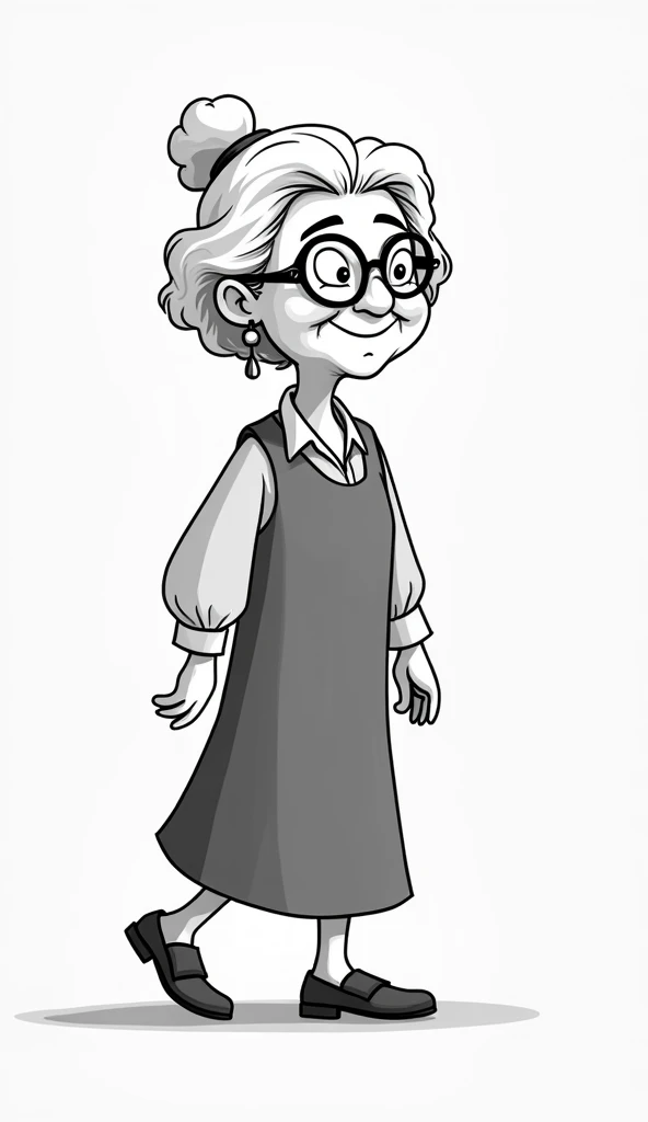 Aunty , cartoon style, Cartoon, black and white for animation ,No colors, light smile, Wearing prescription glasses, Make it as if she were walking with the same image in the 4 photos, like an animation 