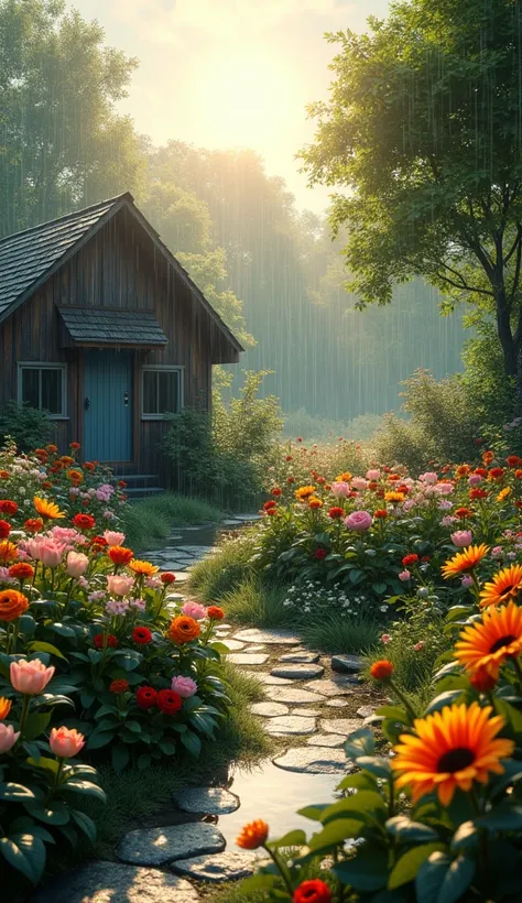 Heavy rain at flower garden . rose, Jasmine , orchid , Tulip,  sunflowers.  Early morning ,  Dimly sun light .  Simple wooden house .  Stone path.  Mini fish pond . Viewpoint from birds eye.8k octane, 